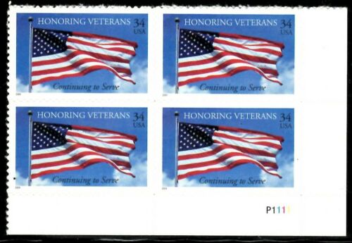 2001 Honoring Veterans Plate Block of 4 34c Postage Stamps - Sc# 3508 - MNH - CX814