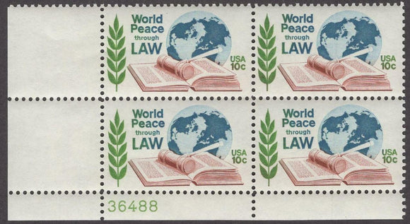 1975 World Peace Through Law Plate Block of 4 10c Postage Stamps - MNH, OG - Sc# 1576