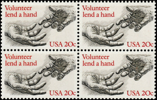 1983 Volunteer Lend a Hand Block of 4 20c Postage Stamps - MNH, OG - Scott 2039