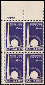 1939 New York World's Fair Plate Block of Four 3c Postage Stamps - Sc#853 - MNH,OG