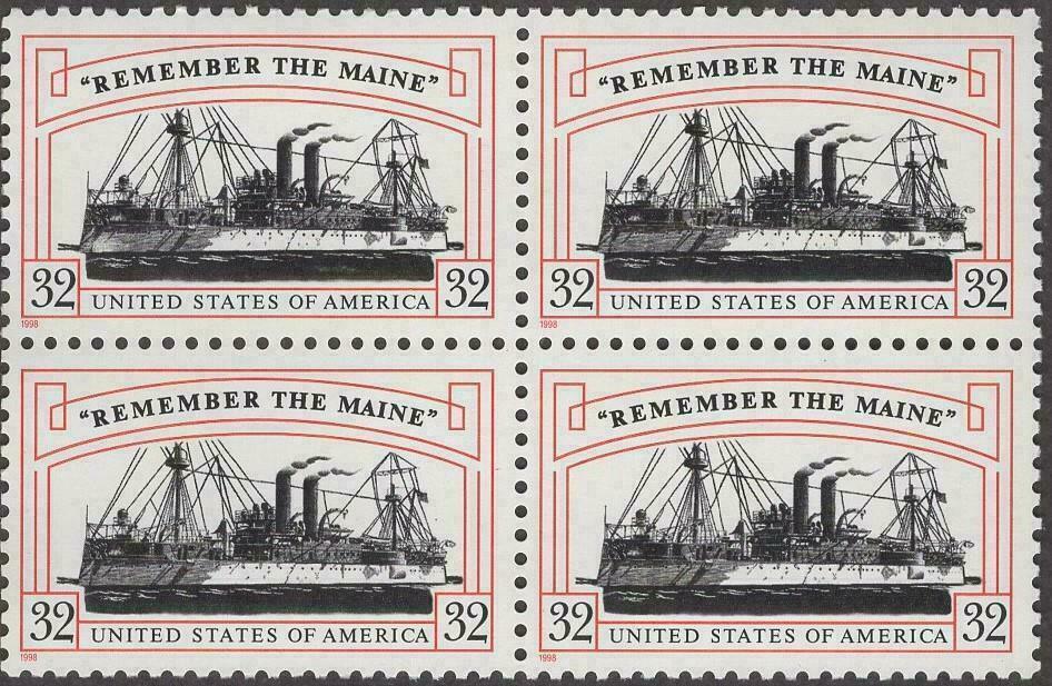 1998 Remember the Maine Block of 4 32c Postage Stamps - MNH, OG - Scott 3192
