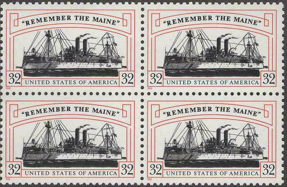 1998 Remember the Maine Block of 4 32c Postage Stamps - MNH, OG - Sc# 3192