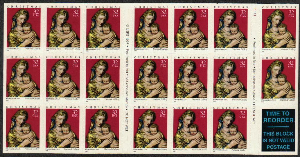 1998 Christmas Madonna From 15th Century Florence Pane Of 20 32c Stamps - Scott 3244 - MNH, OG - CX67