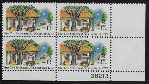 1977 First Civil Settlement, Alta, CA Plate Block Of 4 13c Postage Stamps - MNH, OG - Sc# 1725 - CX329