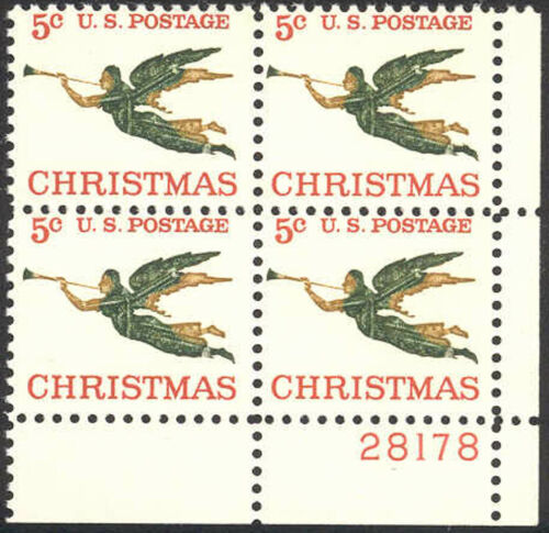 1965 USA Christmas Angel Gabriel Plate Block Of 4 5c Postage Stamps - MNH, OG - Sc# 1276 - CX245