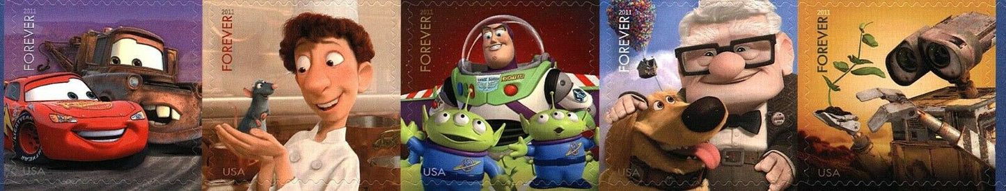 2011 Pixar Films Strip of 5 44c Postage Stamps - MNH, OG - Scott4553- 4557