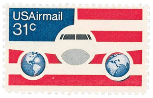 1976 Plane Globes and Flag  Single 31c Airmail Postage Stamp - Sc# 90 - MNH,OG