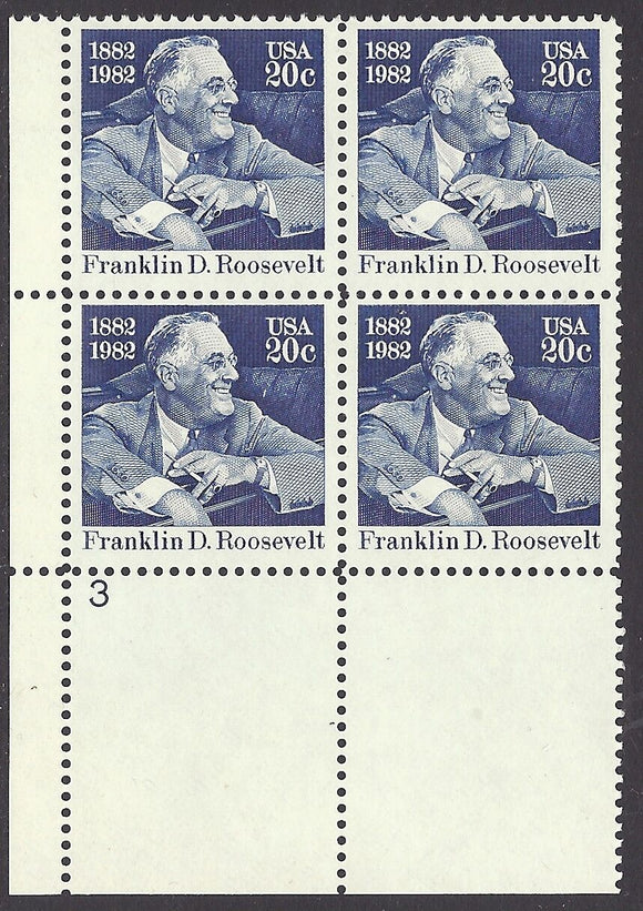 1982 Franklin D Roosevelt Plate Block Of 4 20c Postage Stamps - MNH, OG - Sc# 1950 - DS193