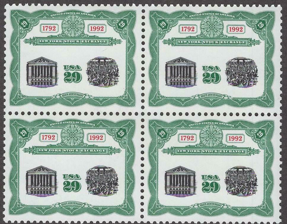 1992 New York Stock Exchange Bicentennial Block of 4 29c Postage Stamps - MNH, OG - Scott 2630