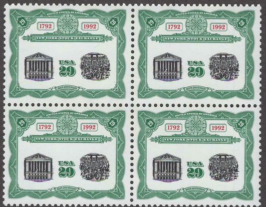 1992 New York Stock Exchange Bicentennial Block of 4 29c Postage Stamps - MNH, OG - Scott 2630