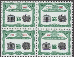 1992 New York Stock Exchange Bicentennial Block of 4 29c Postage Stamps - MNH, OG - Sc# 2630