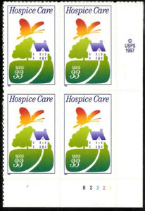 1999 Hospice Care Plate Block of 4 33c Postage Stamps - MNH, OG - Sc# 3276