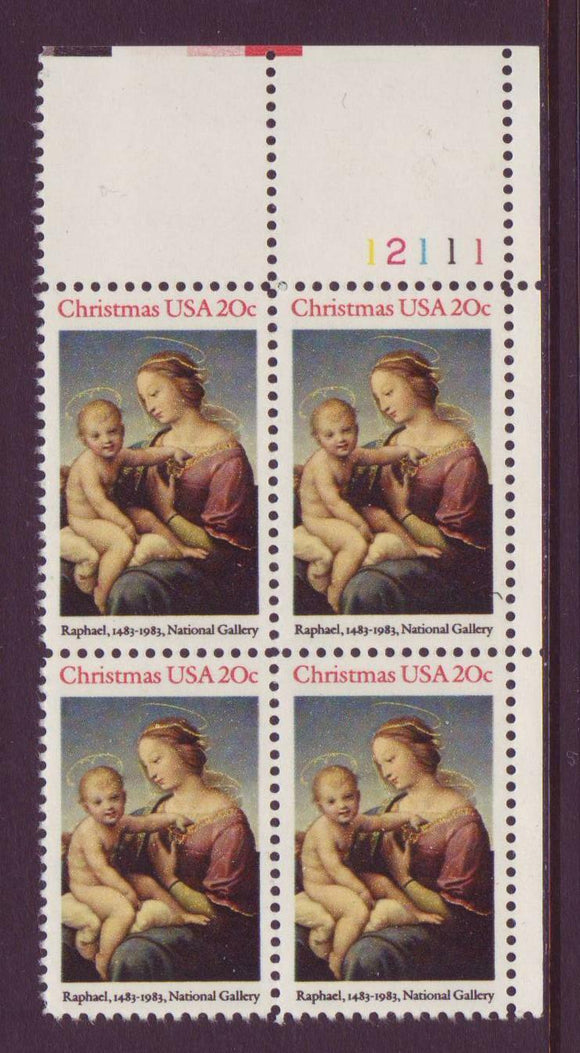 1983 Christmas Madonna & Child By Raphael Plate Block of 4 20c Postage Stamps - MNH, OG - Sc# 2063