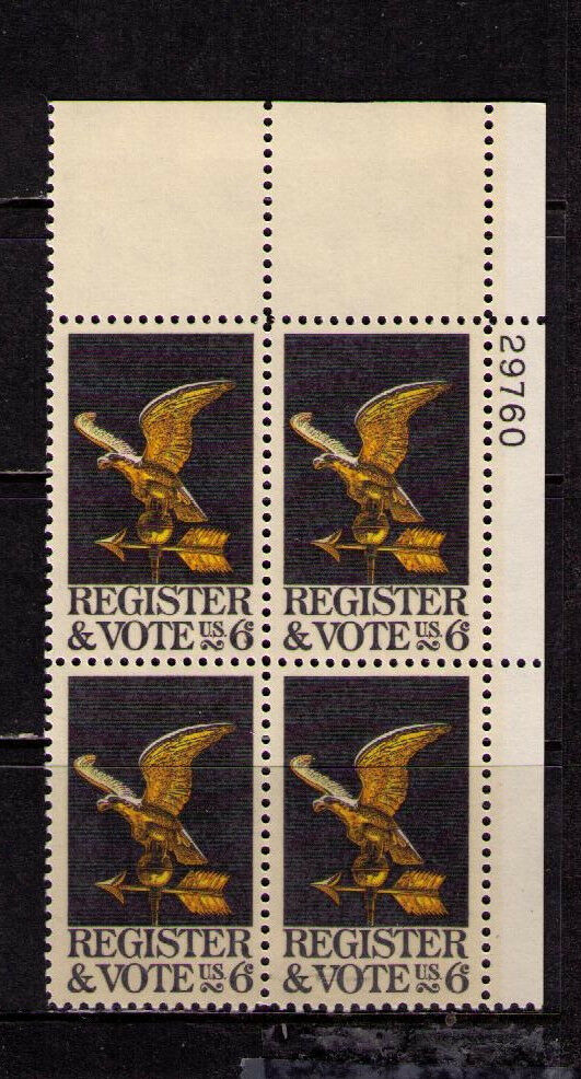 1968 Register & Vote Plate Block Of 4 6c Postage Stamps - MNH, OG - Scott 1344 - CX300
