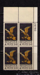 1968 Register & Vote Plate Block Of 4 6c Postage Stamps - MNH, OG - Sc# 1344 - CX300