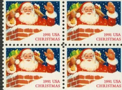 1991 Christmas Santa Booklet Pane Block of 4 29c Postage Stamps - MNH, OG - Scott 2580