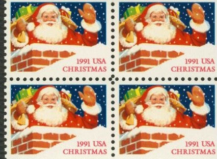 1991 Christmas Santa Booklet Pane Block of 4 29c Postage Stamps - MNH, OG - Sc# 2580
