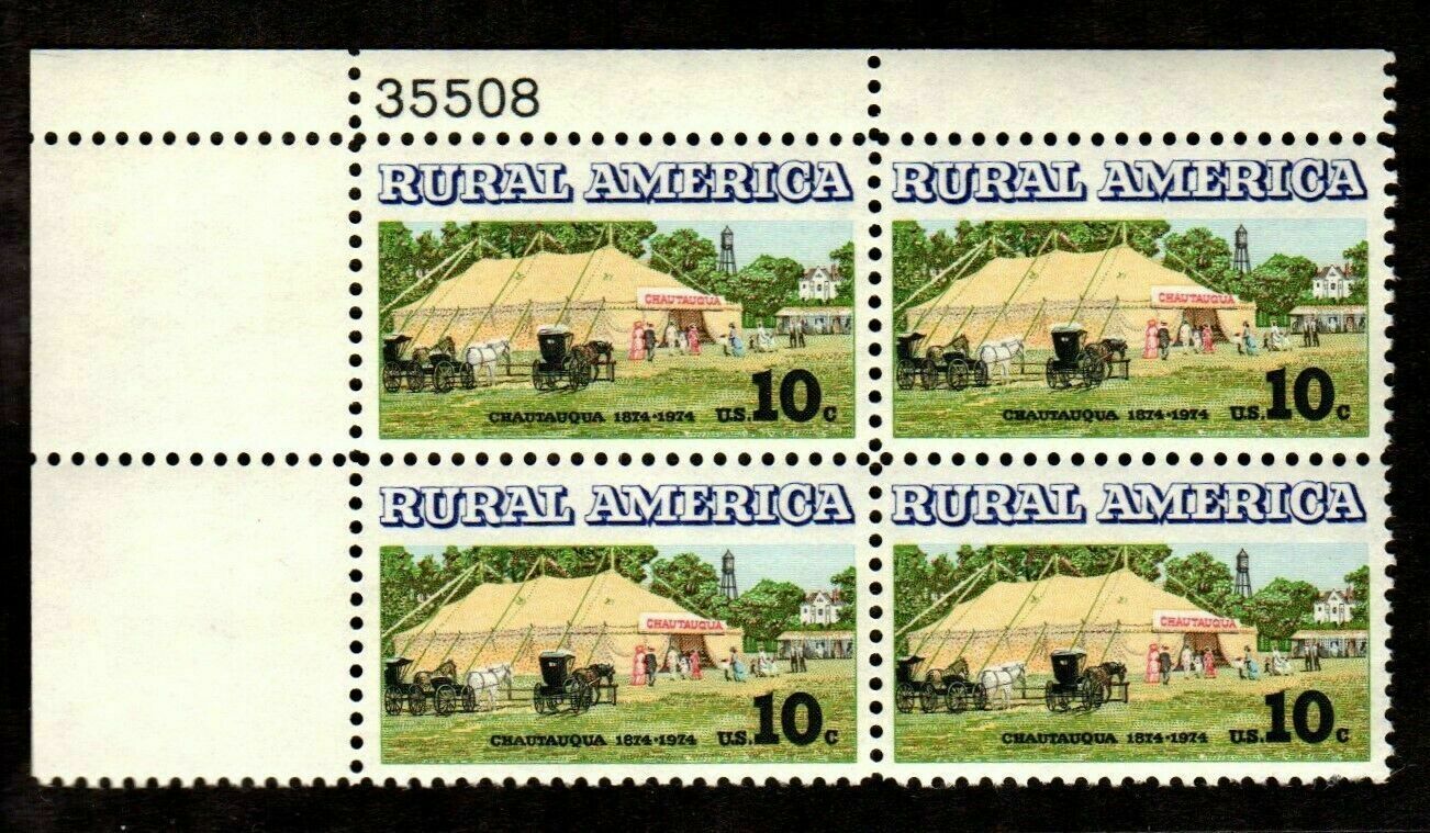 1974 Rural American Chautauqua Plate Block of 4 10c Postage Stamps - Scott - 1505 - MNH, OG - CX684