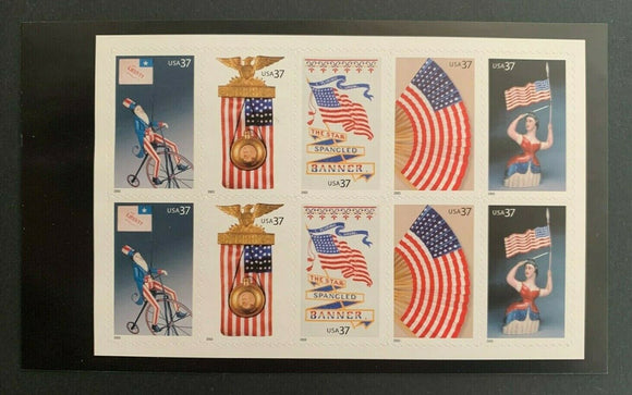 2001 Old Glory Pane Of 10 37c Postage Stamps - MNH, OG - Scott# 3776-3780a - DA102