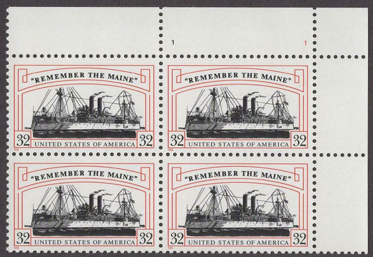 1998 Remember the Maine Plate Block of 4 32c Postage Stamps - MNH, OG - Scott 3192