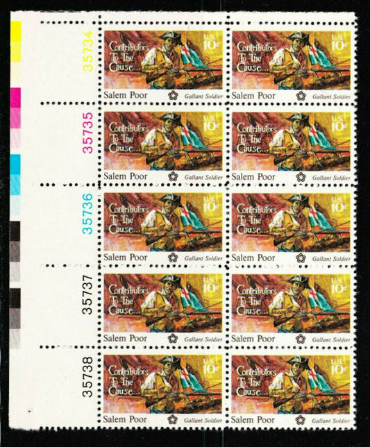 1975 Salem Poor Black Heritage Plate Block of 10 10c Postage Stamps - MNH, OG - Scott 1560