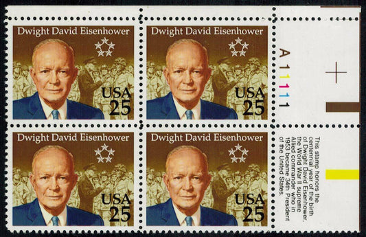 1990 President Dwight D Eisenhower Plate Block Of 4 25c Postage Stamps Scott 2513 - MNH - CW460a