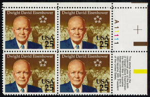 1990 President Dwight D Eisenhower Plate Block Of 4 25c Postage Stamps - Sc 2513 - MNH - CW460a