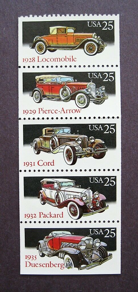 1988 Classic Automobiles Cars Booklet Pane of 5 25c Stamps - MNH, OG - Scott 2381-2385 - CX413