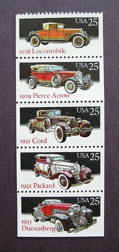 1988 Classic Automobiles Cars Booklet Pane of 5 25c Stamps - MNH, OG - Sc# 2381-2385 - CX413