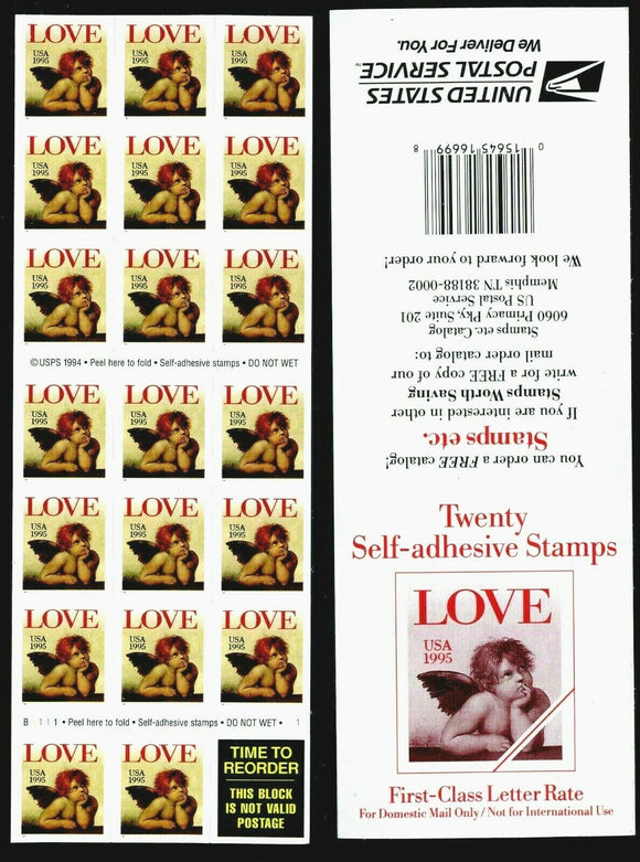 1995 Love Cupid Valentine's Booklet Pane Of 20 32c Postage Stamps - MNH, OG - Sc# 2949