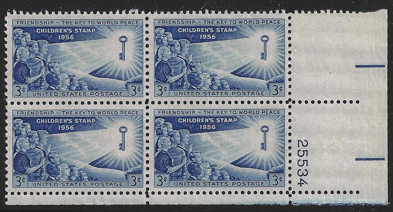 1956 Friendship Key To World Peace Plate Block of 4 Postage Stamps - MNH, OG - Scott 1085