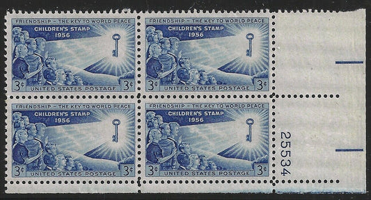 1956 Friendship Key To World Peace Plate Block of 4 Postage Stamps - MNH, OG - Scott 1085
