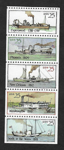 1989 Steamboats Booklet Pane Of 5 25c US Stamps - MNH, OG - Scott# 2405-2409 - CX406