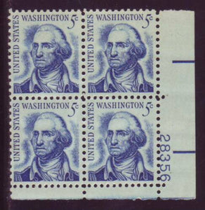 1966 George Washington Not Re-Drawn Plate Block of 4 5c Postage Stamps - Sc# 1283 - MNH, OG - CX490