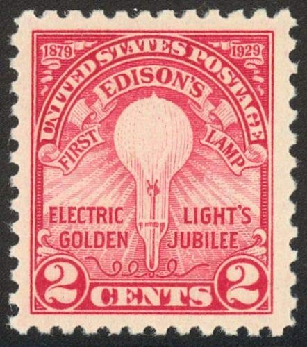 1929 Edison’s First Lamp - Single 2c Postage Stamp - Scott 654 MNH,OG