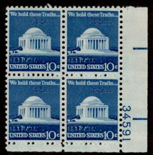 1973 Jefferson Memorial Plate Block of 4 10c Postage Stamps - MNH, OG - Scott 1510
