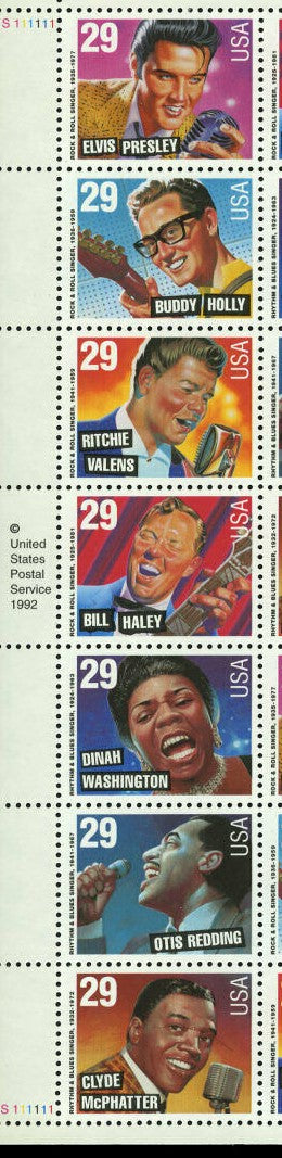 1993 USA Rock & Roll Strip Of 7 29c Postage Stamps - Scott 2724-2730 - MNH, OG - CW281b