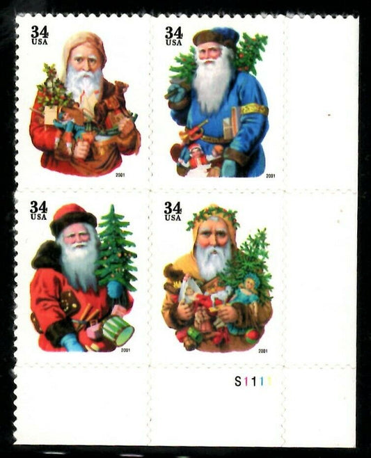 2001 19th Century Christmas Santa Plate Block of 4 34c Postage Stamps - MNH, OG - Scott 3536-3540