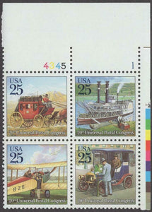 1989 UPU Universal Postal Congress Plate Block Of 4 25c US Postage Stamps Sc 2434-2437