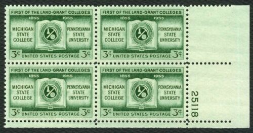 1955 Land Grant Colleges Michigan State, Penn State Plate Block of 4 Stamps - MNH, OG - Scott 1065 -CX921