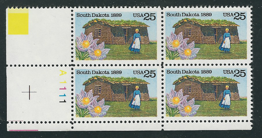 1989 South Dakota Plate Block of 4 25 Cent Stamps - MNH, OG - Scott 2416 - CX894