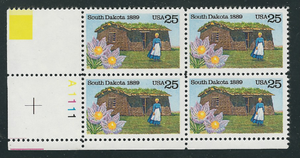 1989 South Dakota Plate Block of 4 25 Cent Stamps - MNH, OG - Sc# 2416 - CX894