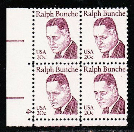 1982 Ralph Bunche Plate Block of 4 20c Postage Stamps - MNH, OG - Scott 1860