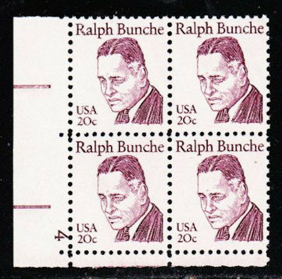 1982 Ralph Bunche Plate Block of 4 20c Postage Stamps - MNH, OG - Sc# 1860