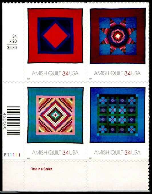 2001 Amish Quilt Plate Block Of 4 34c Postage Stamps - MNH, OG - Scott 3524-3527 - DA101