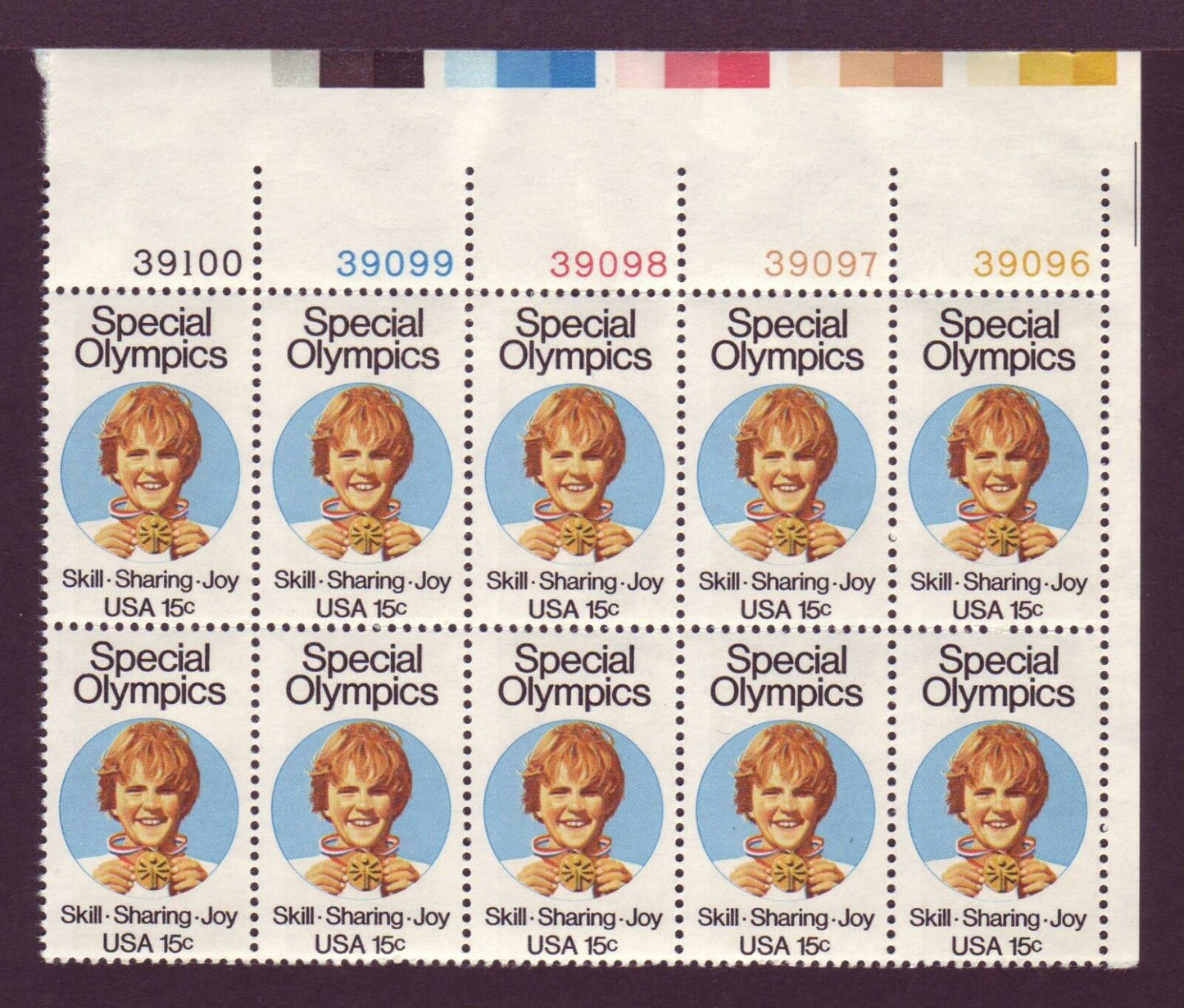 1979 Special Olympics Plate Block of 10 15c Postage Stamps - MNH, OG - Scott 1788
