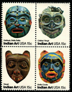 1980 Indian Art Masks Block Of 4 15c Postage Stamps - Sc# 1834-1837 - CT38a