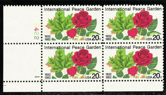 1982 International Peace Garden Plate Block of 4 20c Postage Stamps - MNH, OG - Scott 2014