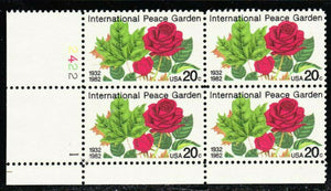 1982 International Peace Garden Plate Block of 4 20c Postage Stamps - MNH, OG - Sc# 2014