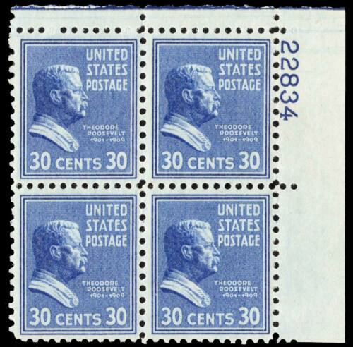 1938 President Theodore Roosevelt Plate Block of 4 30c Postage Stamps -  Sc# 830 - MNH,OG